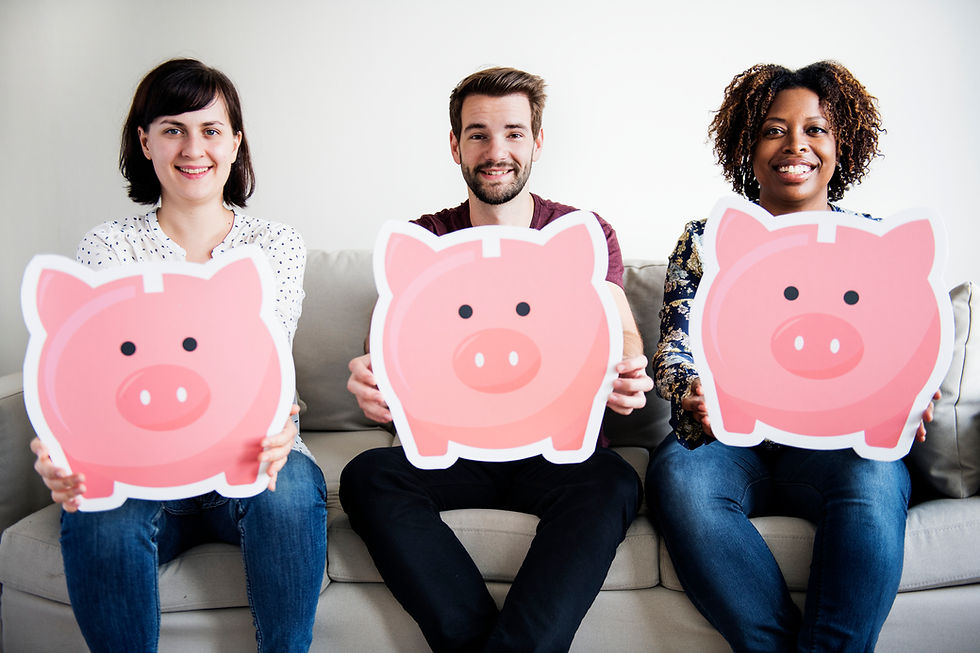 diverse group of people holding an image of piggy bank, representation of saving money