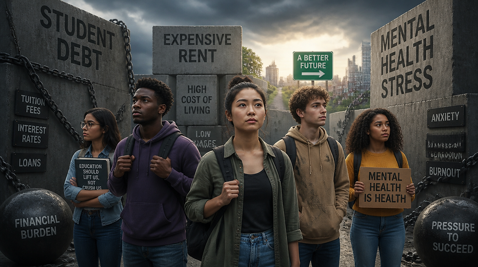 diverse young adults stressed out with jobs, mental health, student debt